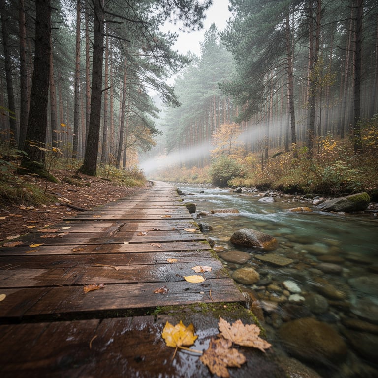Wooden walkway through pine forest alongside the mineral spring stream in Borjomi Gorge, Samtskhe-Javakheti, Georgia