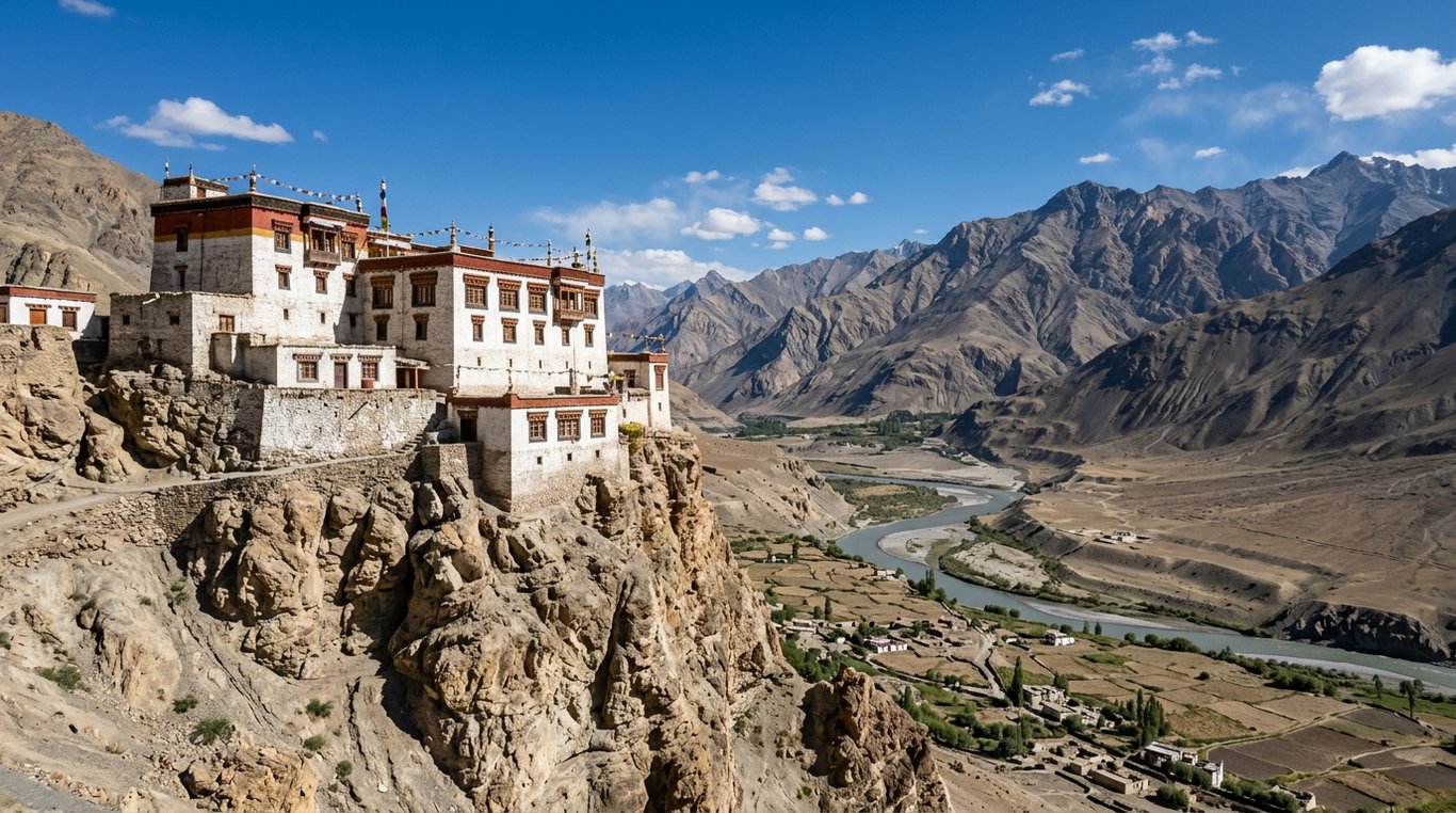 Buddhist monastery on eroded cliffs above a high-altitude valley in Ladakh, Jammu and Kashmir, India, in August