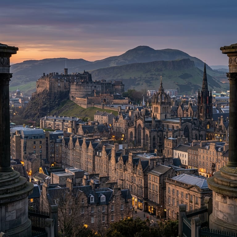 Edinburgh skyline at dusk from Calton Hill with the castle on its volcanic rock, Arthur's Seat, and the Old Town spires, Edinburgh, Scotland