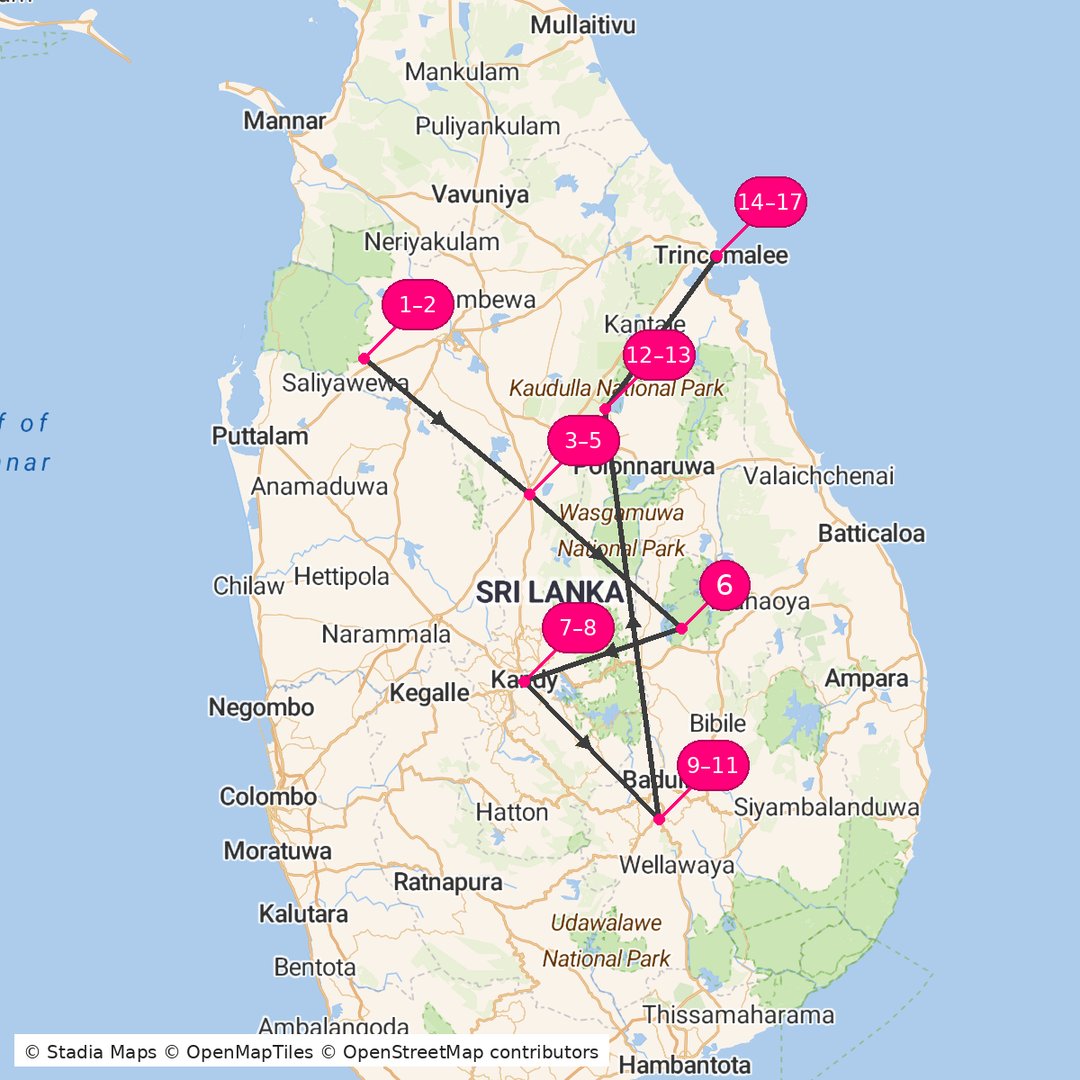 Itinerary route map for Sri Lanka Signature Experience