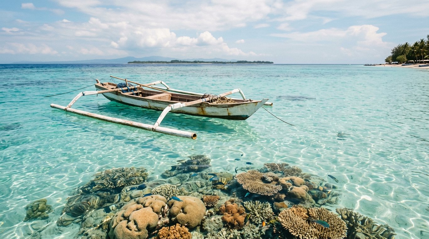 Outrigger boat on crystal clear water above a coral reef at Gili Trawangan, Lombok, West Nusa Tenggara, Indonesia