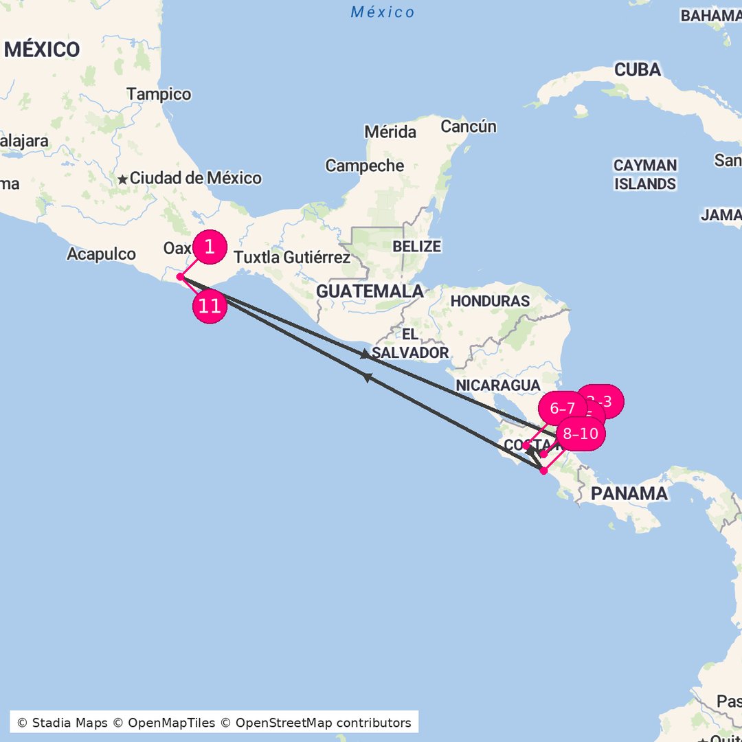 Itinerary route map for Costa Rica Ultimate Adventure