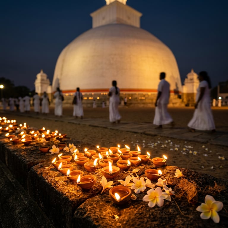 Ruwanwelisaya stupa at dusk with pilgrims circumambulating, Anuradhapura UNESCO World Heritage Site, North Central Province, Sri Lanka