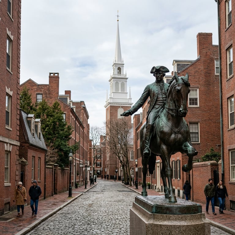 Paul Revere statue on horseback in front of the Old North Church steeple in the North End, Freedom Trail, Boston, Massachusetts