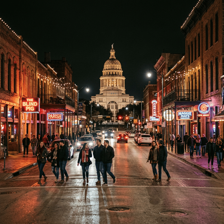 Austin's Sixth Street at night in December with neon bar signs, live music spilling onto the sidewalk, and the State Capitol dome lit above, Austin, Texas