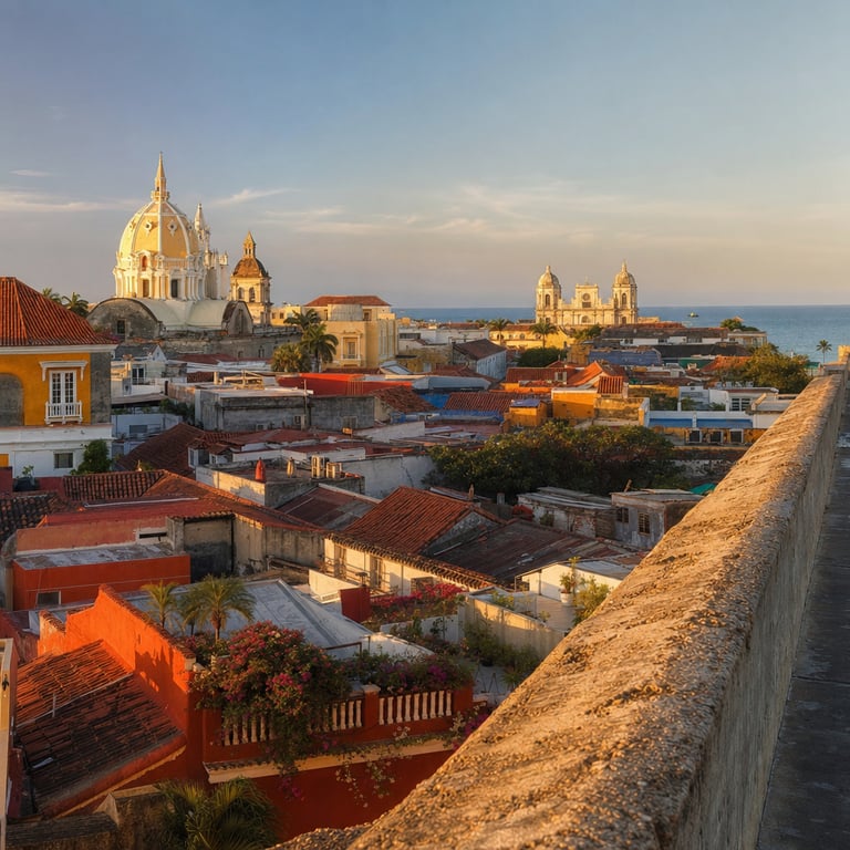 The colonial walled city of Cartagena de Indias at golden hour from the sea walls, with the terracotta rooftops, coral-painted facades, and bougainvillea balconies of the historic centre behind, Bolívar Department, Colombia