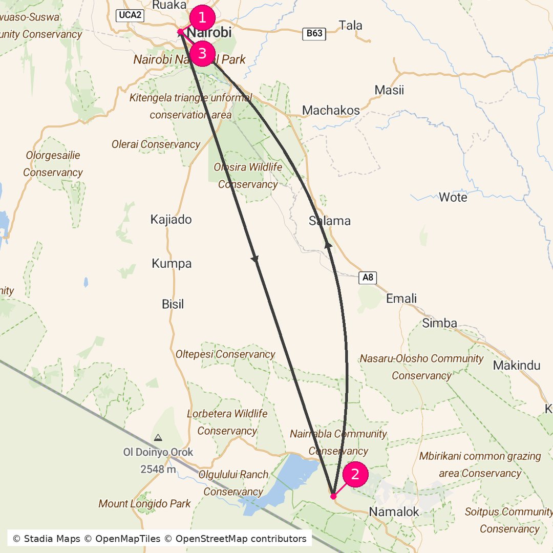 Itinerary route map for Amboseli Adventure Safari