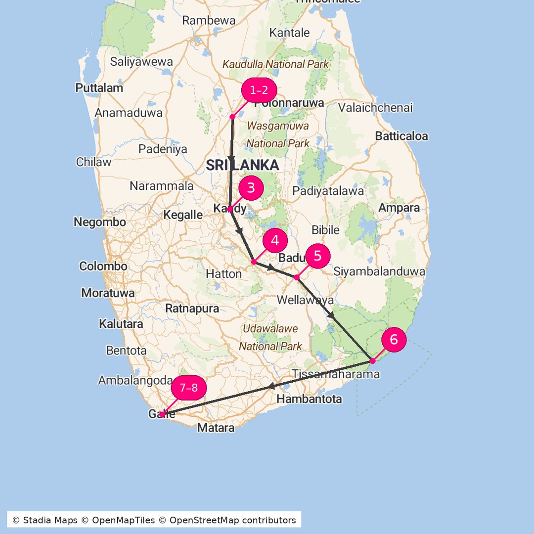 Itinerary route map for Sri Lanka Round Trip
