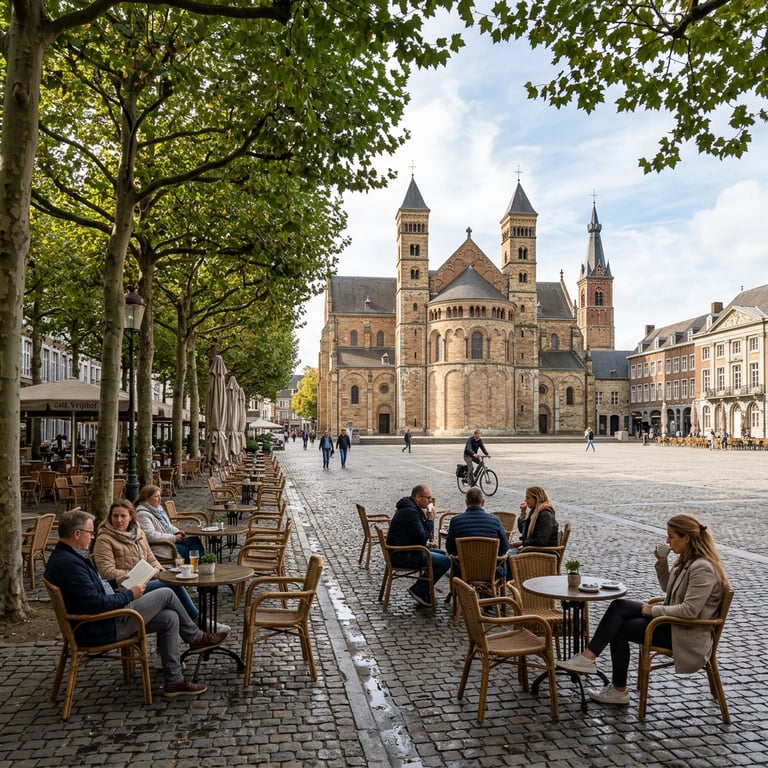 Grand café terraces on Vrijthof Square with plane trees and the Romanesque Sint-Servaasbasiliek facade behind, Maastricht, Limburg, Netherlands