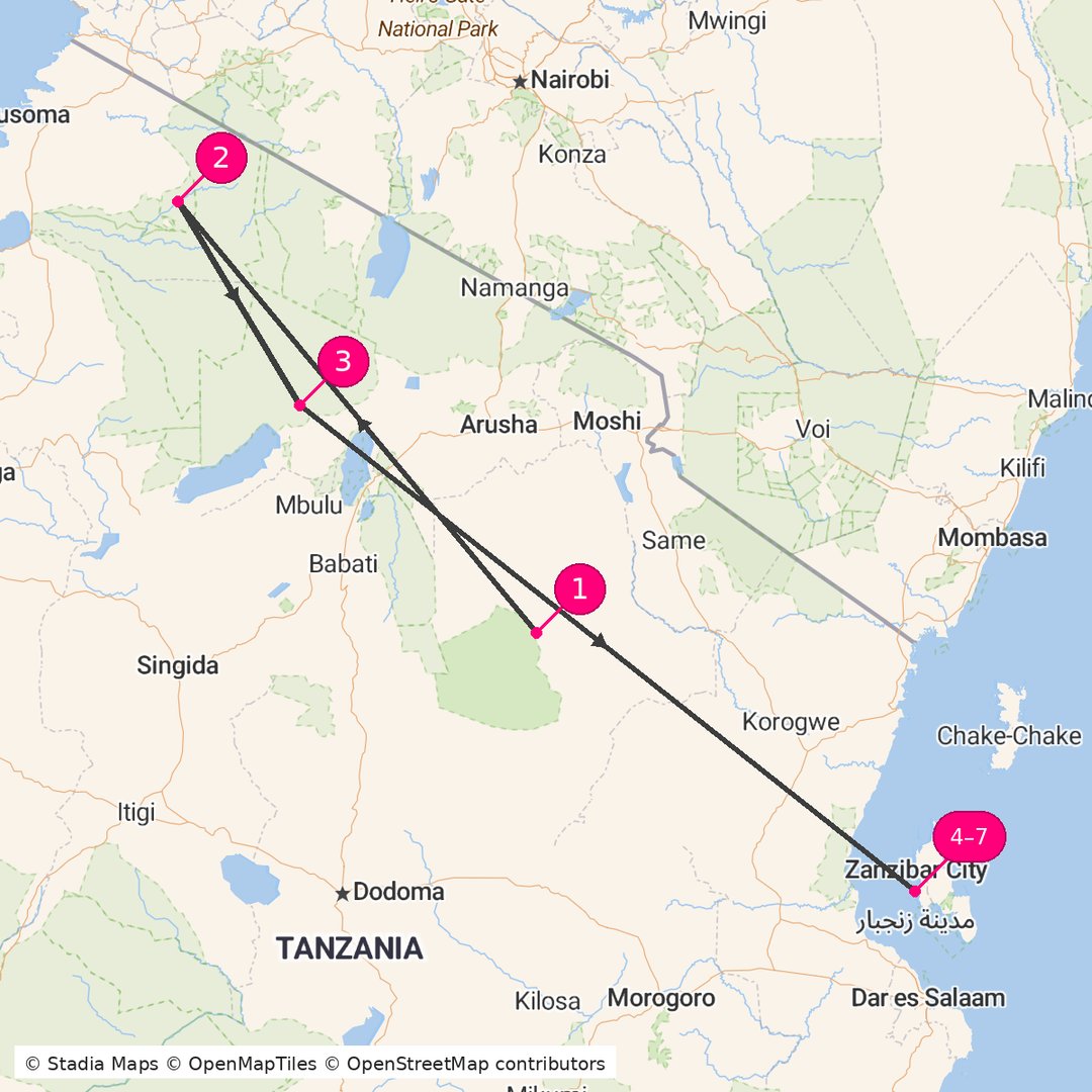 Itinerary route map for Tanzania Safari and Zanzibar
