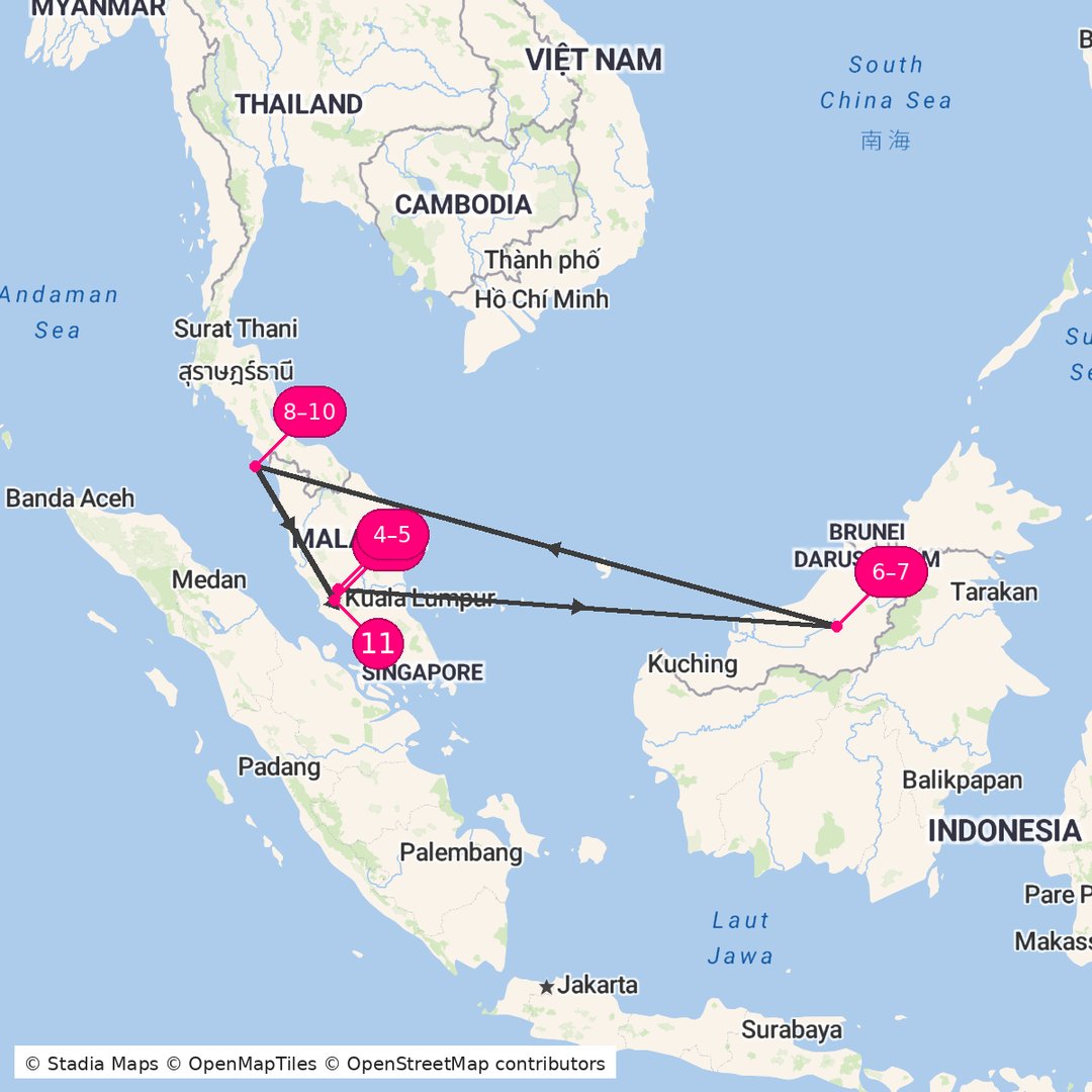 Itinerary route map for Twin Towers Luxury Escape