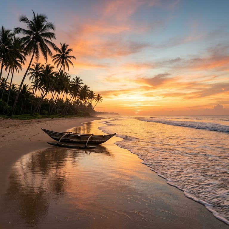 Bentota River mouth beach with palm trees and a wooden boat at sunset, Southern Province, Sri Lanka