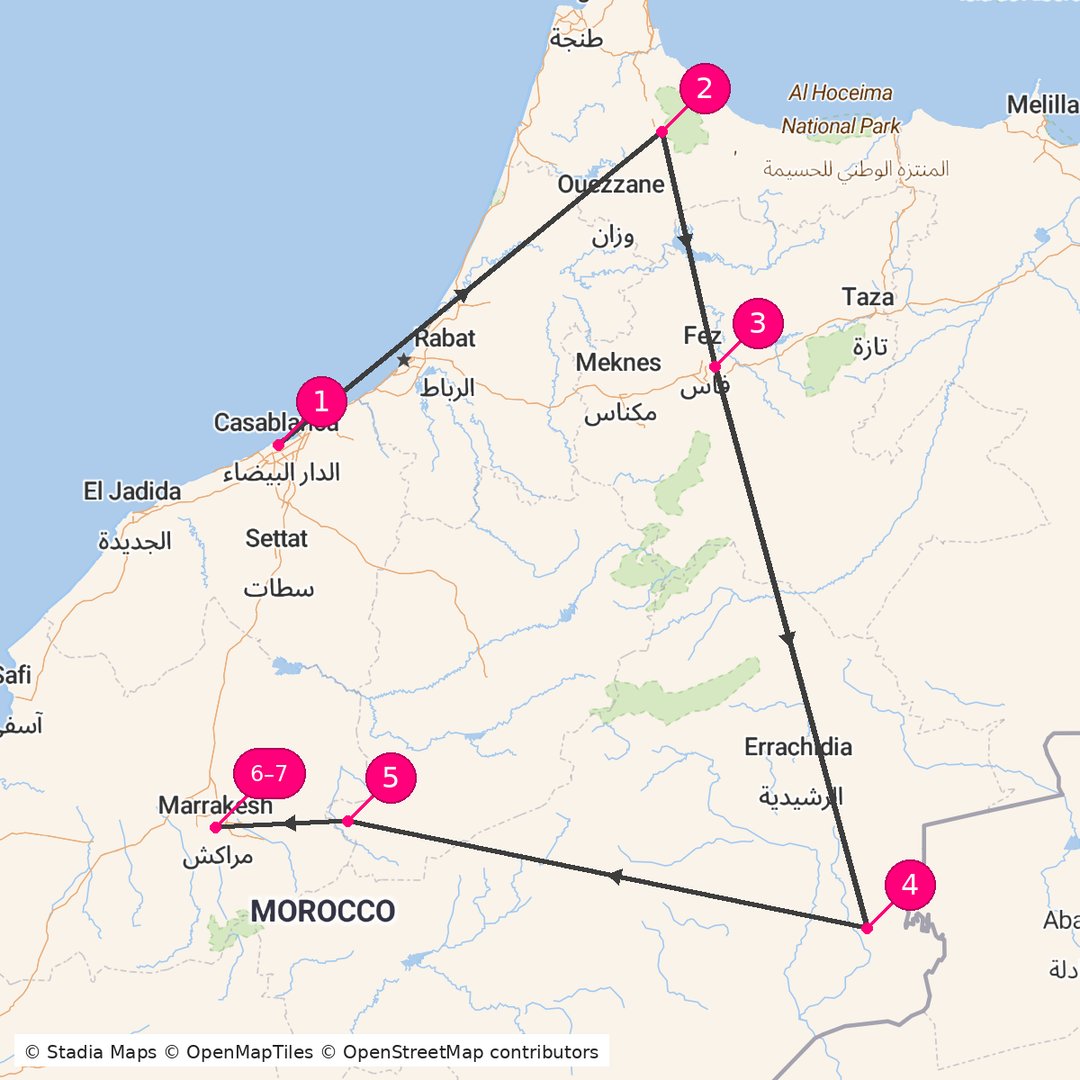 Itinerary route map for Moroccan Imperial Odyssey