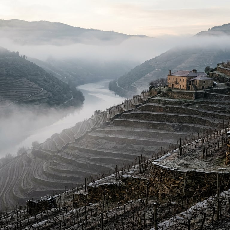 Morning river mist over the Douro Valley in winter with bare schist terraces and a quinta estate on the hillside above, Douro Valley, Portugal