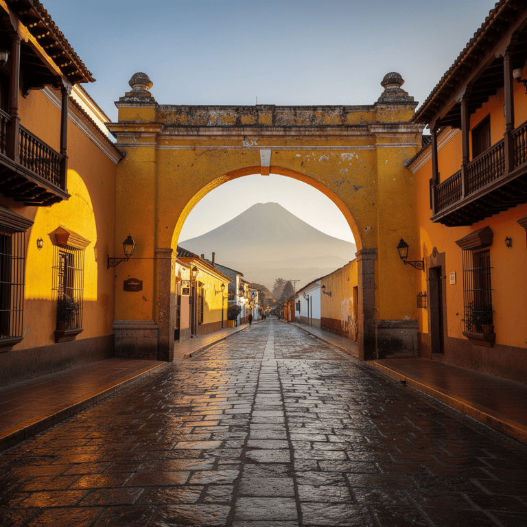 The Santa Catalina Arch in Antigua, Guatemala at sunrise framing the cone of Agua Volcano against a golden morning sky, with cobblestone streets and colonial buildings on either side, Antigua, Guatemala