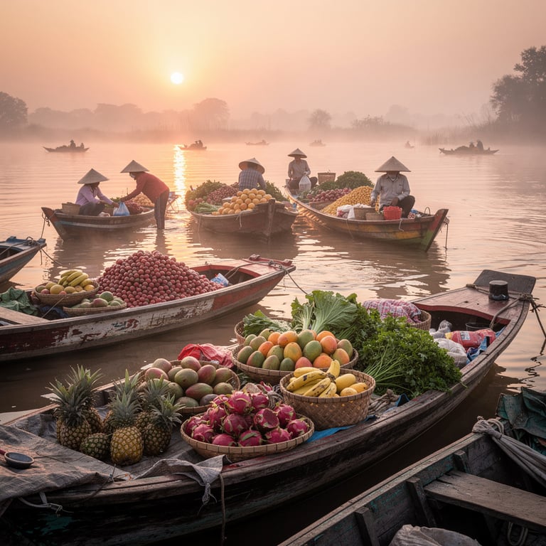 Vendors selling fruit and vegetables from wooden boats at Cai Rang floating market at dawn, Can Tho, Mekong Delta, Vietnam