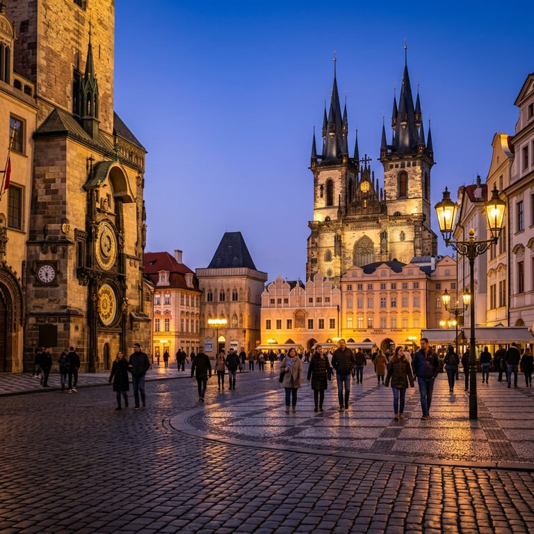 Old Town Square at dusk with the Astronomical Clock tower, Týn Church Gothic spires, and lamp-lit cobblestones, Staré Město, Prague, Czech Republic