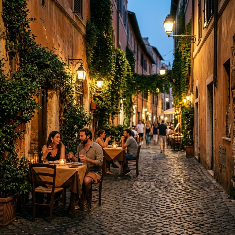 Outdoor diners at a restaurant on a cobblestone lane in Trastevere with ivy-covered ochre walls and evening lantern light, Rome, Lazio, Italy