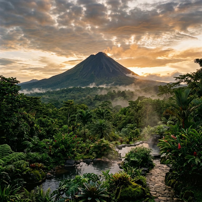 Arenal Volcano rising above rainforest and hot springs at sunset in Costa Rica