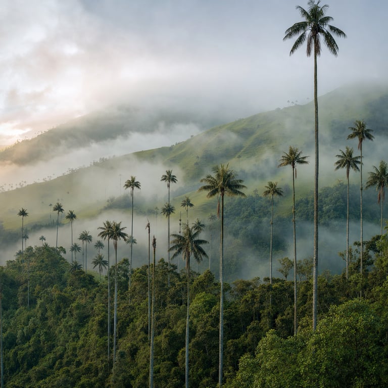 Ceroxylon quindiuense wax palms rising 60 metres above the Andean cloud forest floor in the Cocora Valley with morning mist between the palm stands, Quindío Department, Colombia