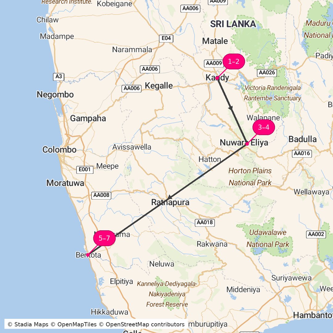 Itinerary route map for Nuwara Eliya Delight