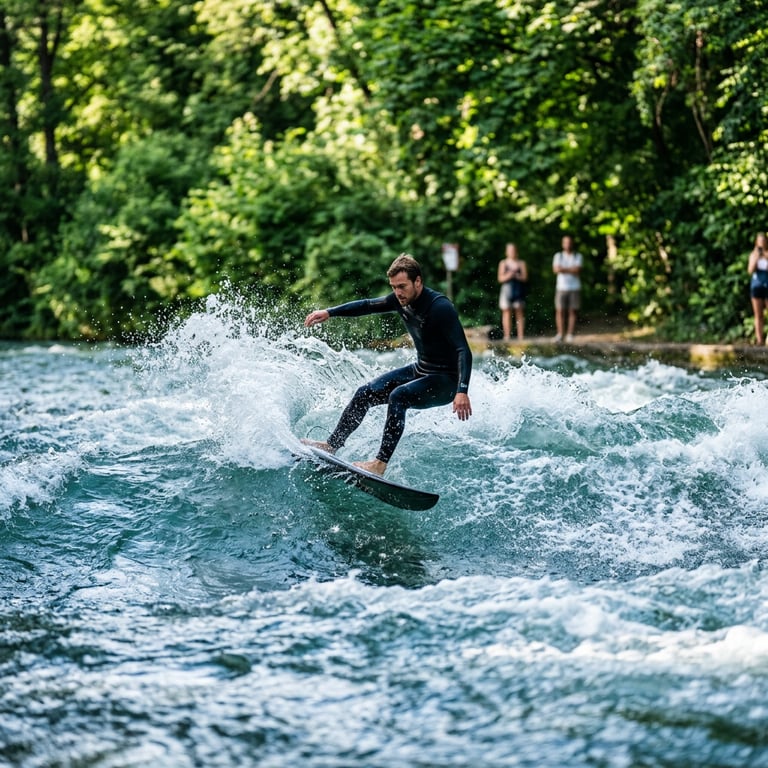 Surfer riding the standing wave on the Eisbach river in the Englischer Garten on a summer afternoon, Munich, Bavaria, Germany