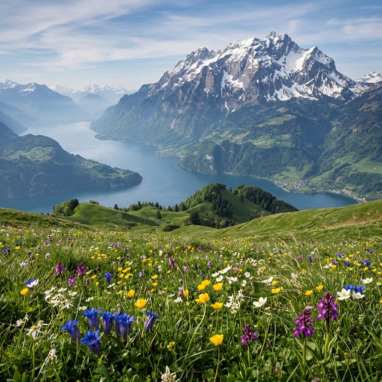 Autumn foliage above Lauterbrunnen Valley with the Jungfrau massif visible through clearing morning cloud and the valley floor below, Bernese Oberland, Switzerland