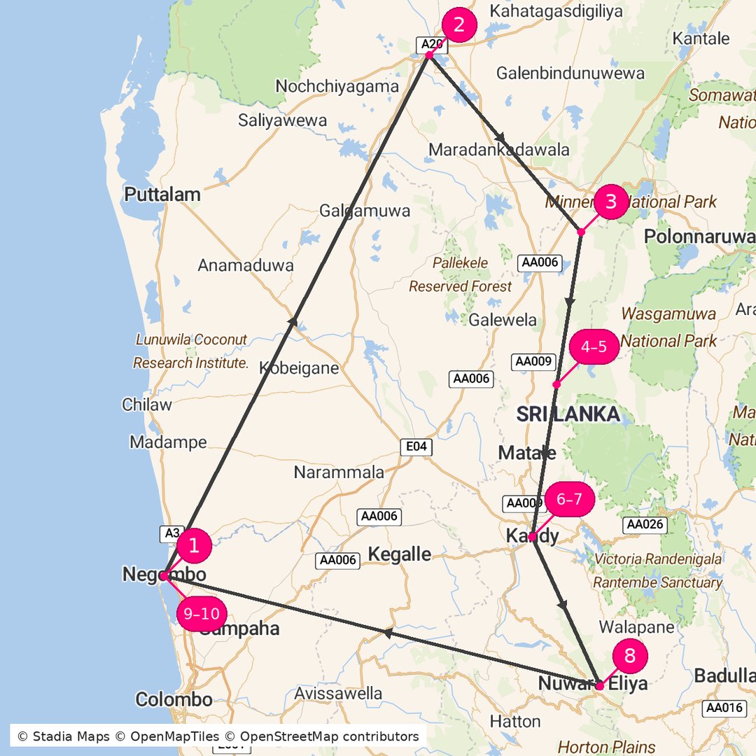 Itinerary route map for Sigiriya Heritage Escape