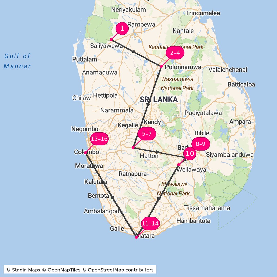 Itinerary route map for Sri Lanka Adventure Explorer