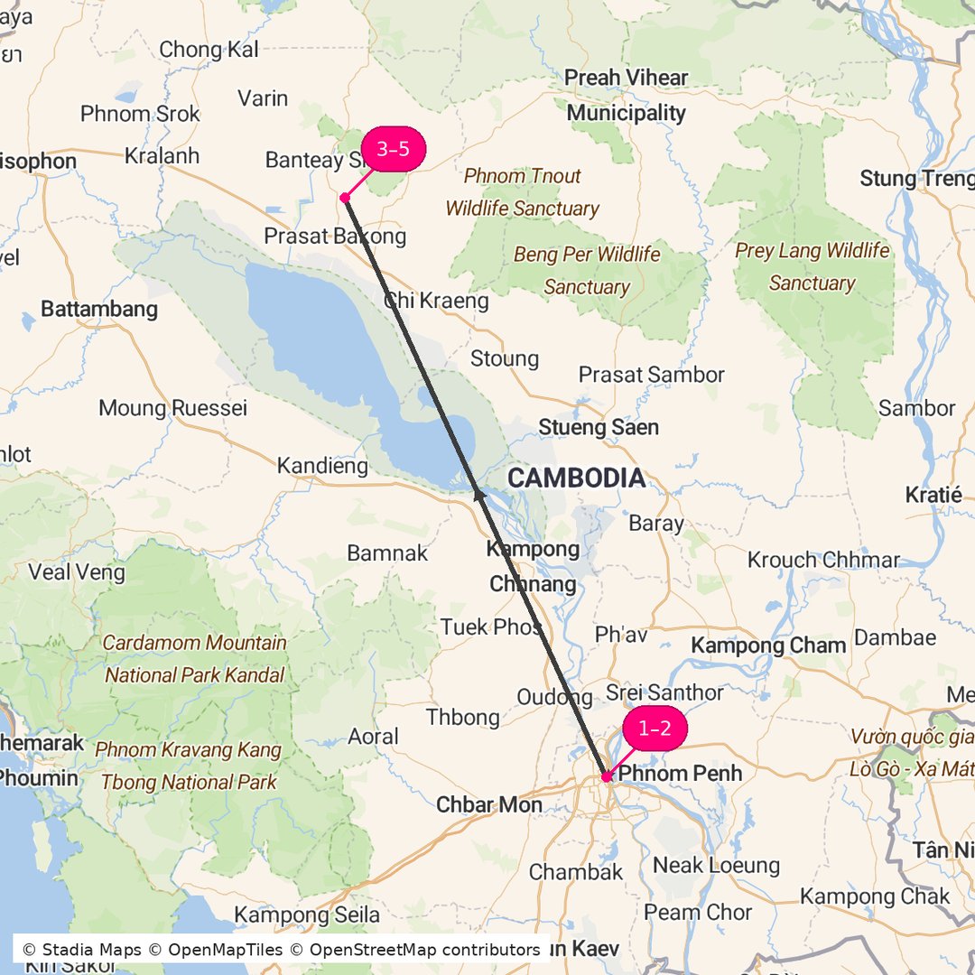 Itinerary route map for Phnom Penh Angkor Escape