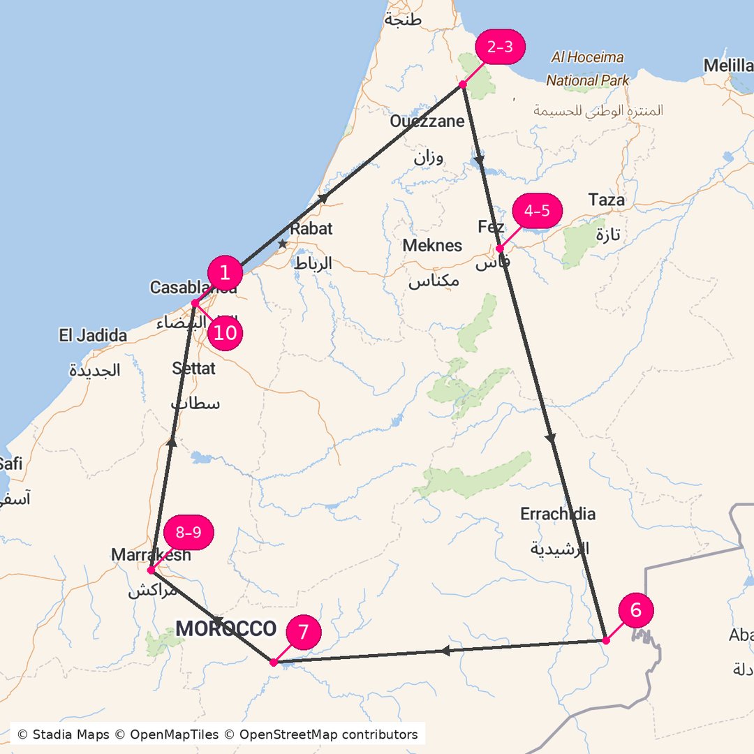 Itinerary route map for Morocco Grand Cities