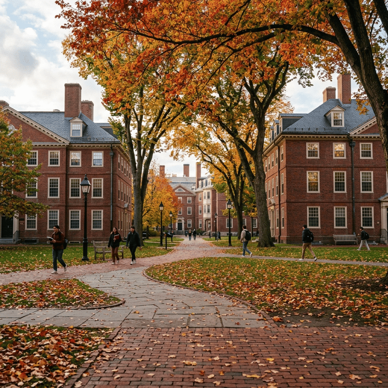 Harvard Yard in October with deep red and gold foliage on the elm trees above the brick paths and historic college buildings, Cambridge, Massachusetts