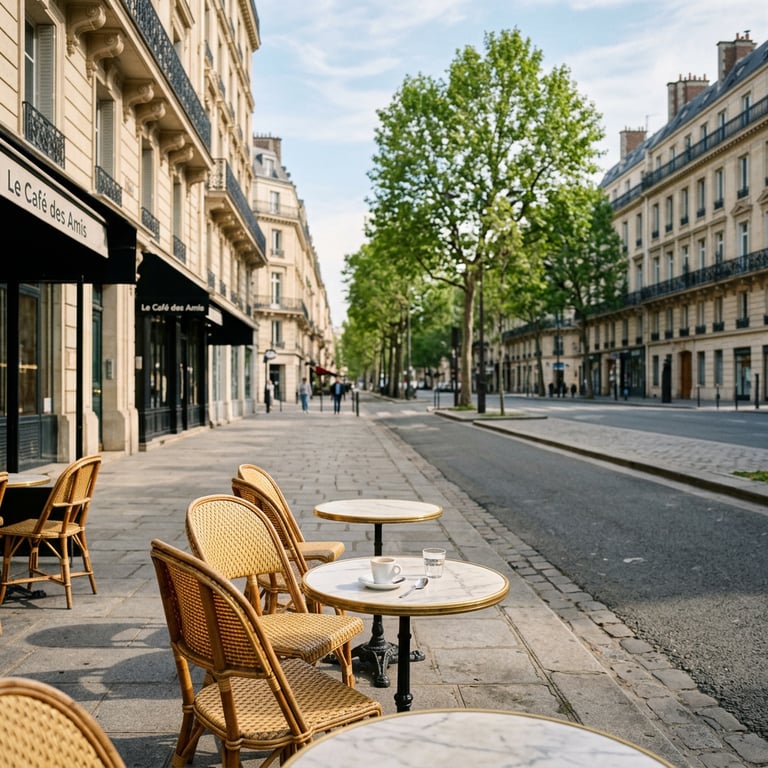 Paris café terrace on a sunny May morning with wicker chairs, espresso cups, and a view down a Haussmann boulevard, Paris, France
