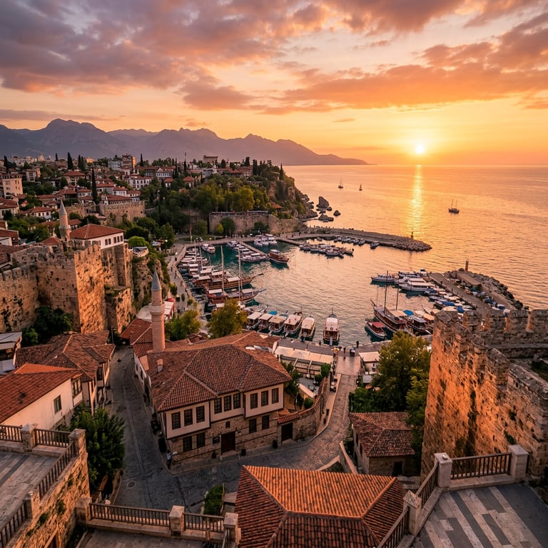 Antalya old quarter Kaleiçi with Roman harbour walls and the Mediterranean Sea at sunset, Türkiye
