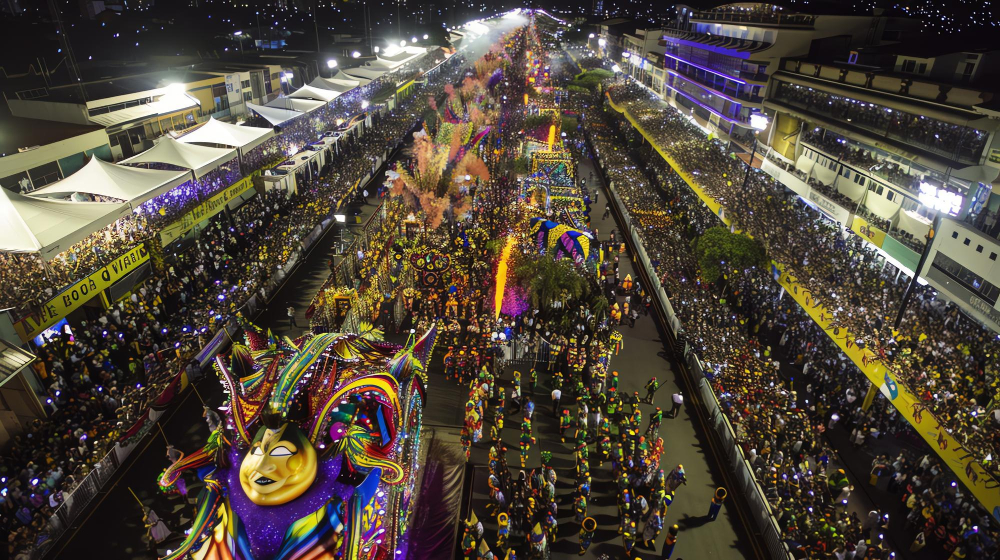 Rio Carnival at the Sambódromo parade avenue at night with samba school performers and allegorical floats, Rio de Janeiro, Brazil