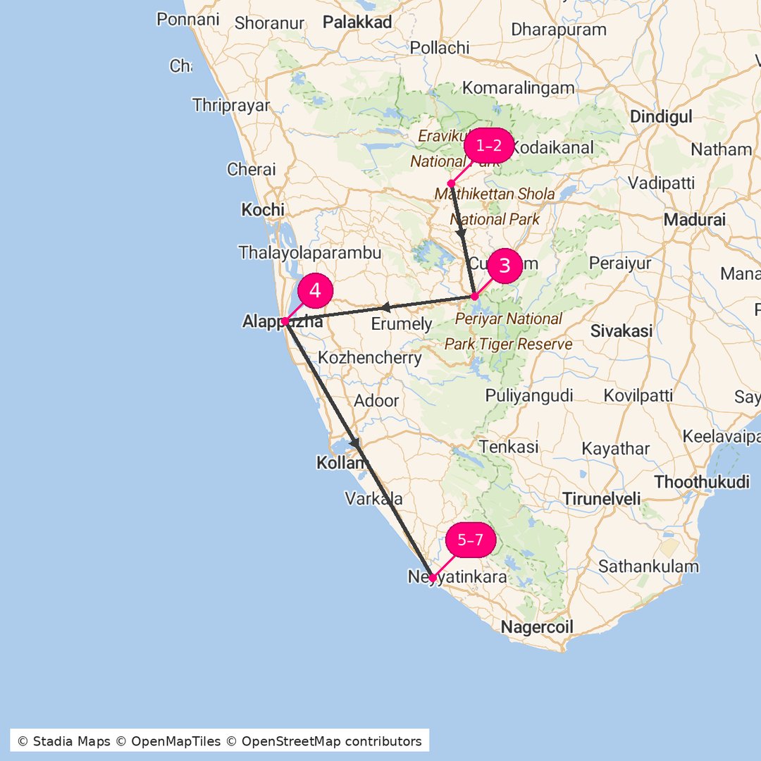 Itinerary route map for Kerala Hill Escape