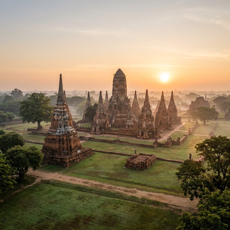 Ayutthaya Historical Park ruins with ancient brick stupas at sunrise, UNESCO World Heritage Site, Thailand