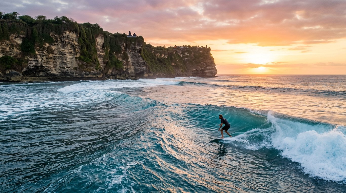 Surfer riding a wave at Uluwatu on the Bukit Peninsula, Bali, Indonesia, at sunset