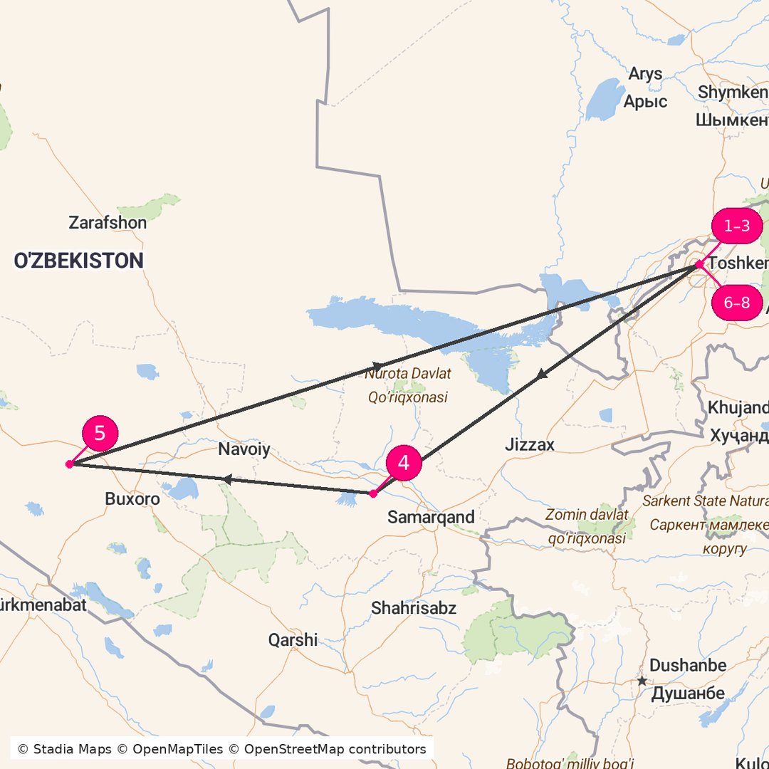 Itinerary route map for Highlights of Uzbekistan