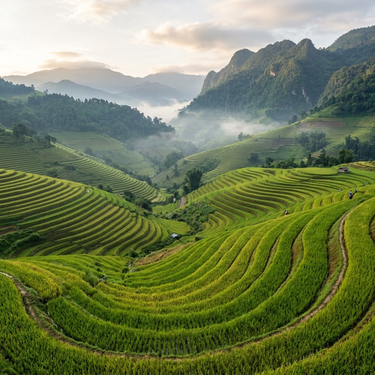 Lush green terraced rice fields in the northern highlands near Chiang Mai during October shoulder season, Thailand