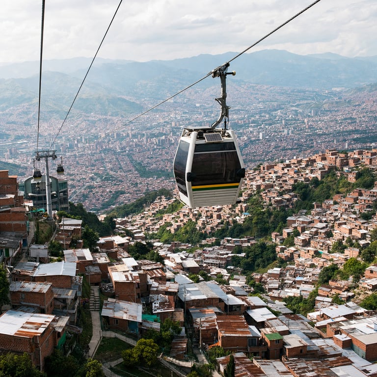 The Medellín Metrocable gondola above the hillside comunas with the terracotta rooftop density of the Aburrá Valley and central Medellín visible below, Antioquia, Colombia