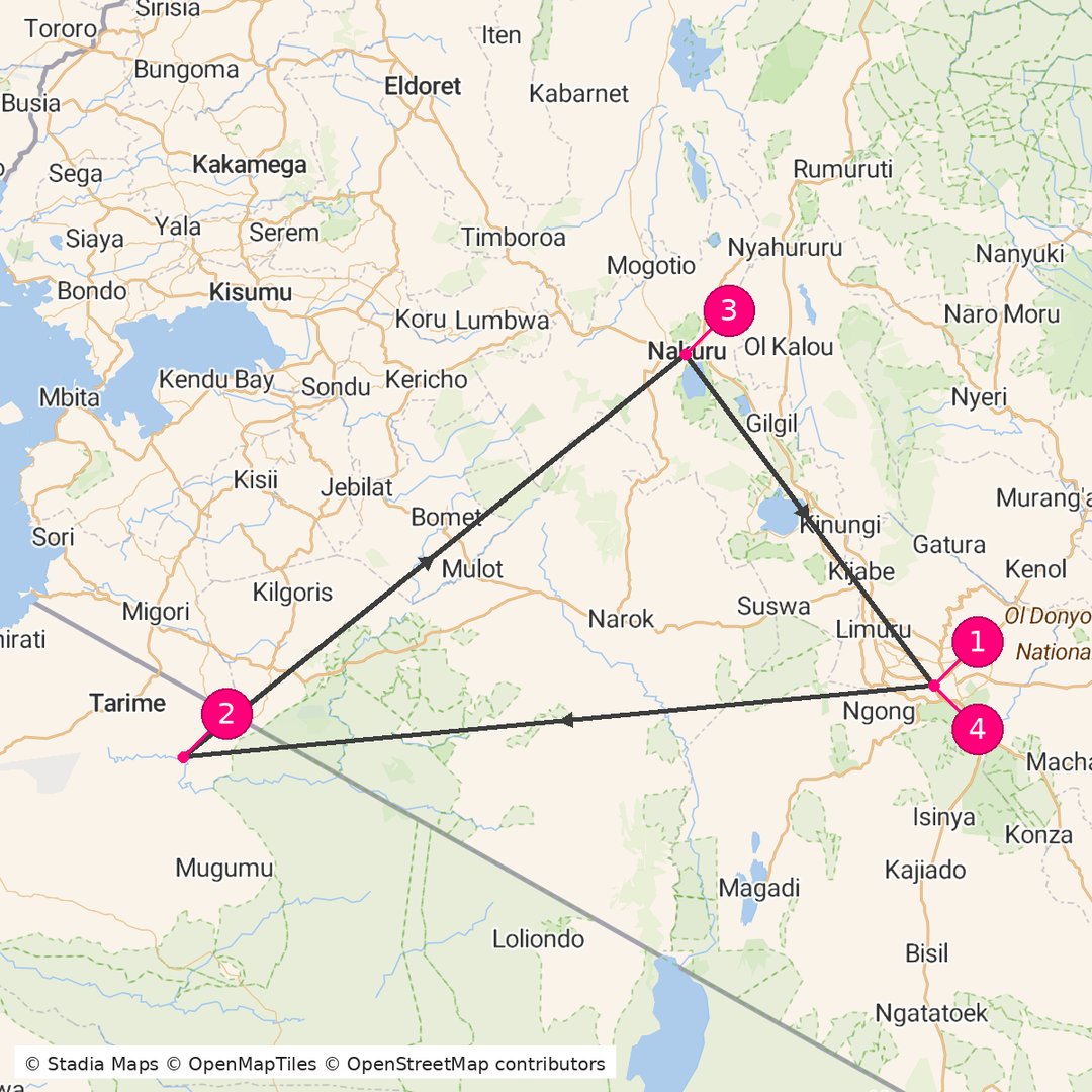 Itinerary route map for Kenya Safari Adventure