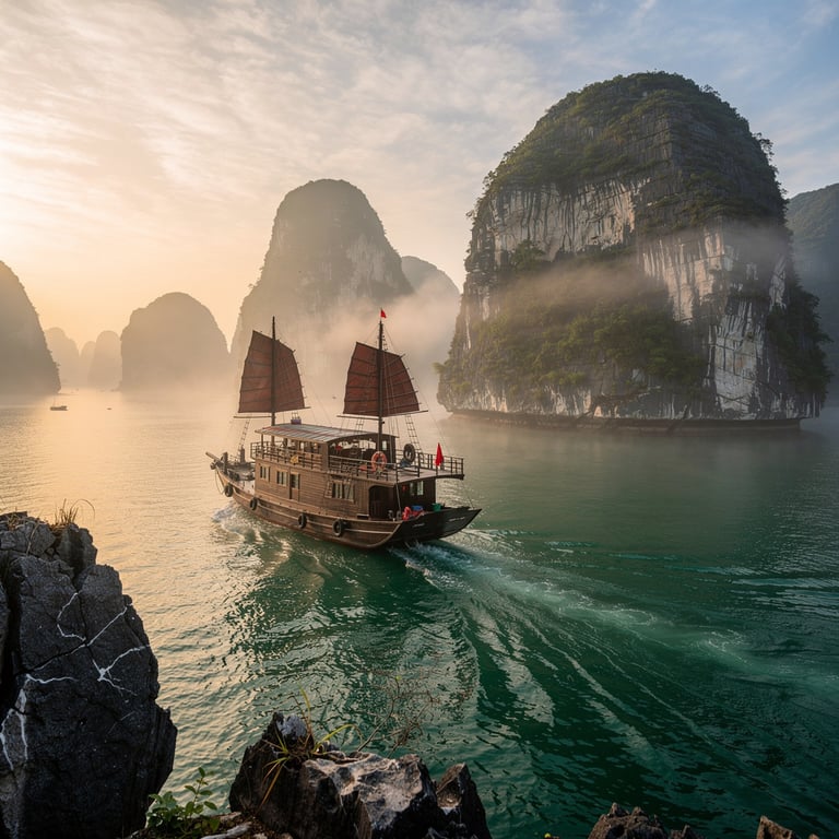 Wooden junk boat passing between limestone karst islands at sunrise on Ha Long Bay, Quang Ninh Province, Vietnam