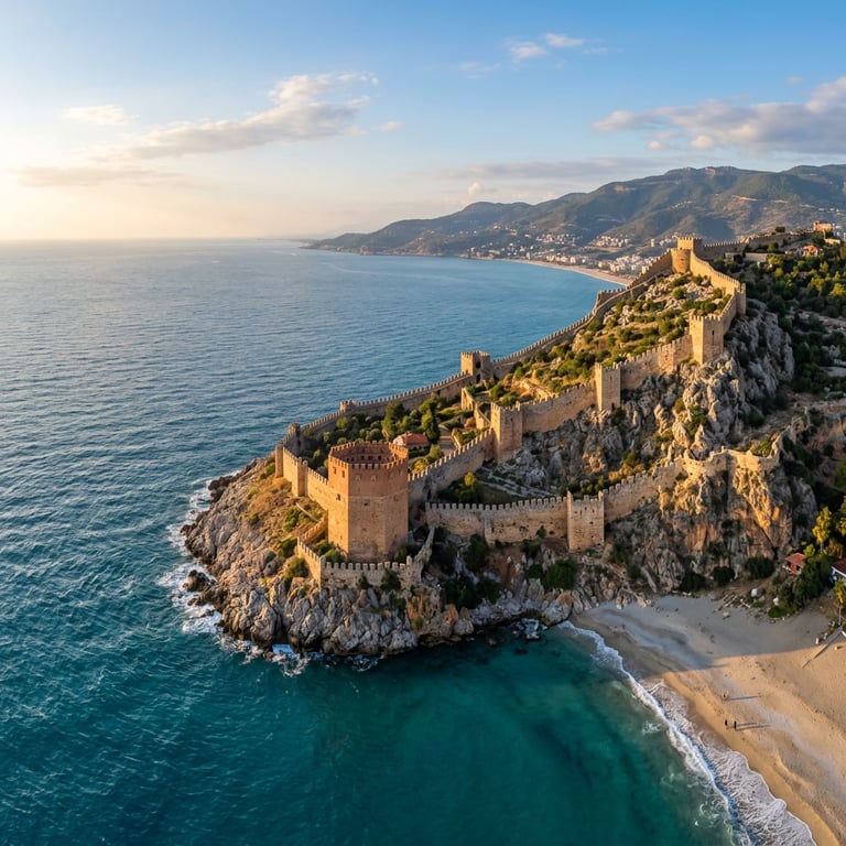 The 13th-century Seljuk citadel of Alanya on a rocky peninsula above Cleopatra Beach, Türkiye