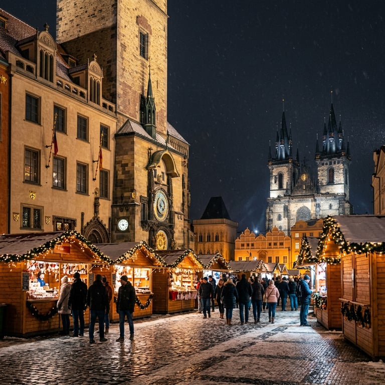 Old Town Square Christmas market at night with wooden stalls, coloured lights, the Astronomical Clock illuminated, and light snow on the cobblestones, Prague, Czech Republic
