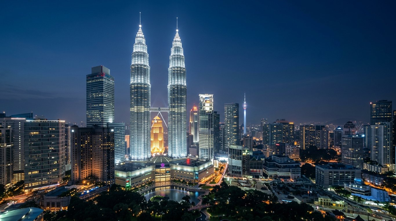Petronas Twin Towers illuminated at night above the Kuala Lumpur city skyline, Federal Territory of Kuala Lumpur, Malaysia