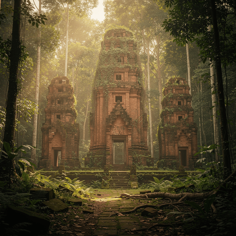 Seventh-century Chenla-period brick towers rising from the forest at Sambor Prei Kuk UNESCO World Heritage Site, Kampong Thom Province, Cambodia