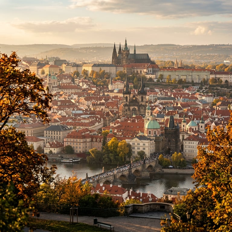 View from Petřín Hill over Prague's autumn rooftops with the Cathedral spires, Charles Bridge, and the Vltava River in golden October light, Czech Republic