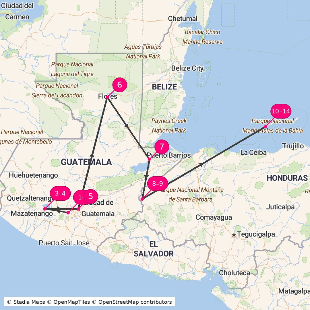 Itinerary route map for Guatemala Honduras Discovery
