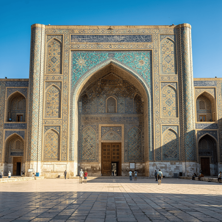 Registan Square at blue hour with tile facades lit and a lone figure crossing the empty square, Samarkand, Uzbekistan